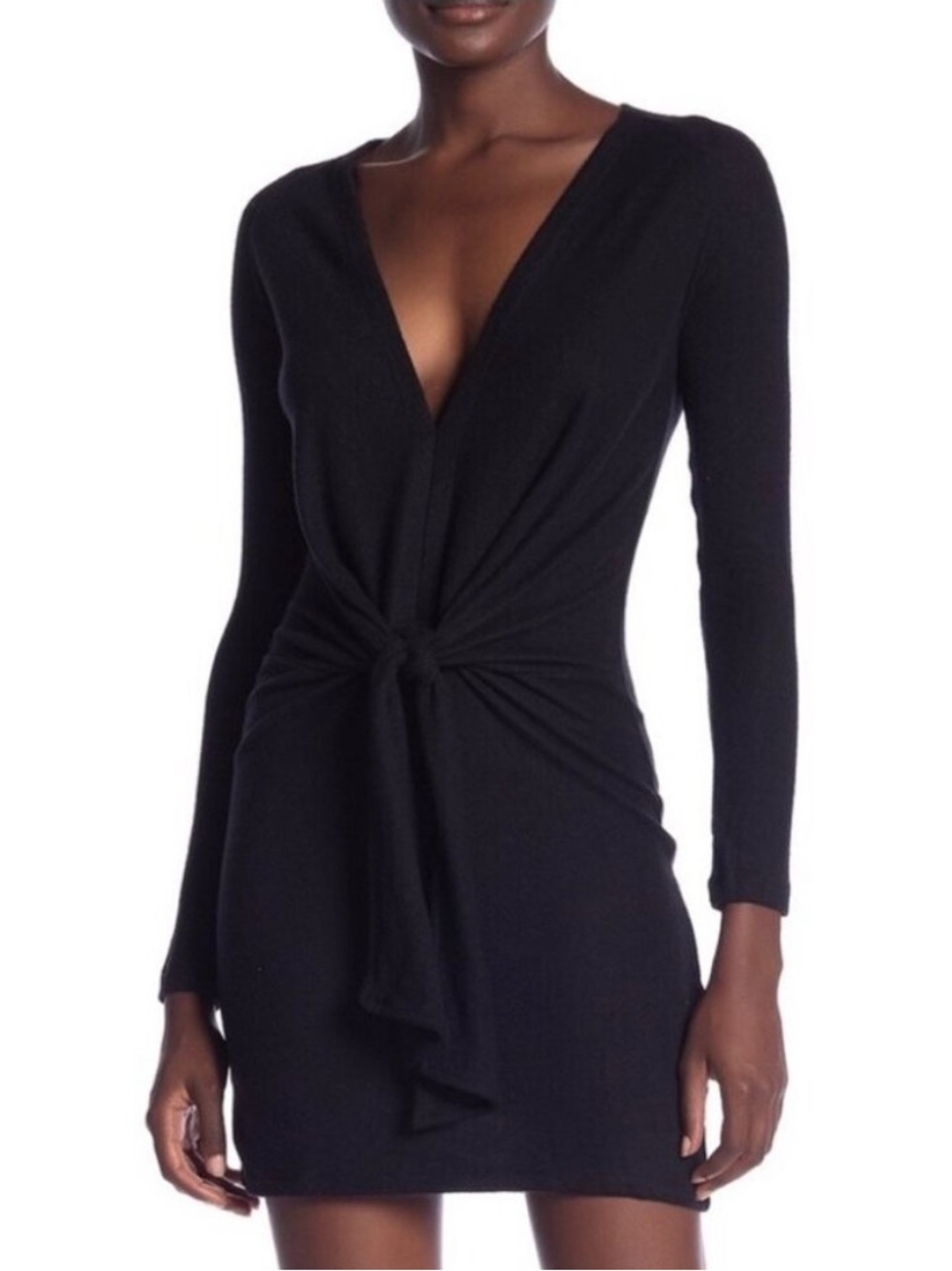 Free People Ginger Dress Size XS Black Cozy Knit Tie Waist V Neck Mini Bodycon